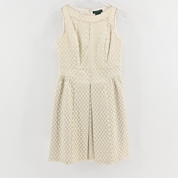 Ralph Lauren Metallic Pleated Dress Size 6 Gold Fit Flare Sleeveless Party LRL - Picture 2 of 14